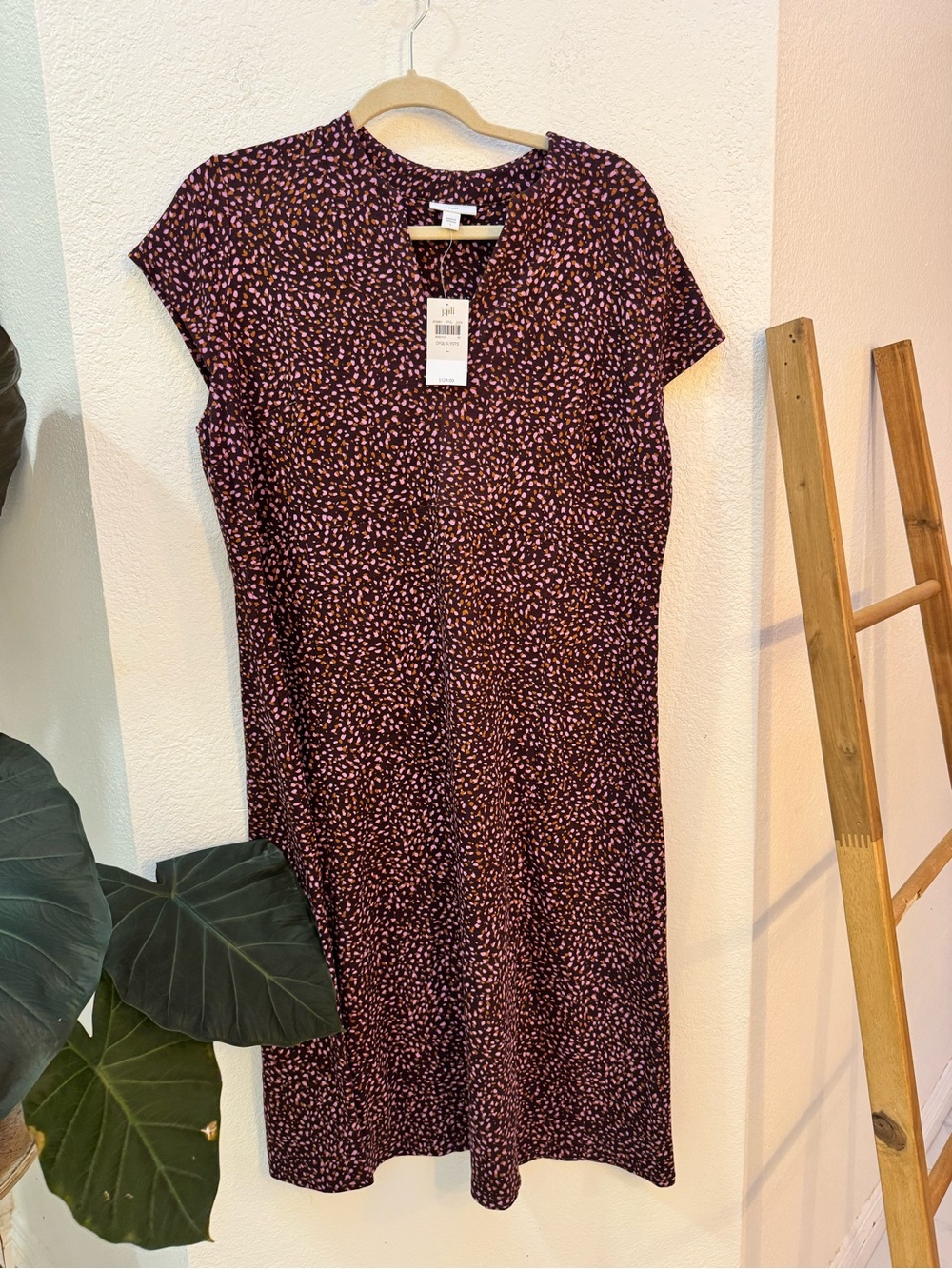 J. Jill Burgundy Short-Sleeve Mini Dress with Pink Dot Print